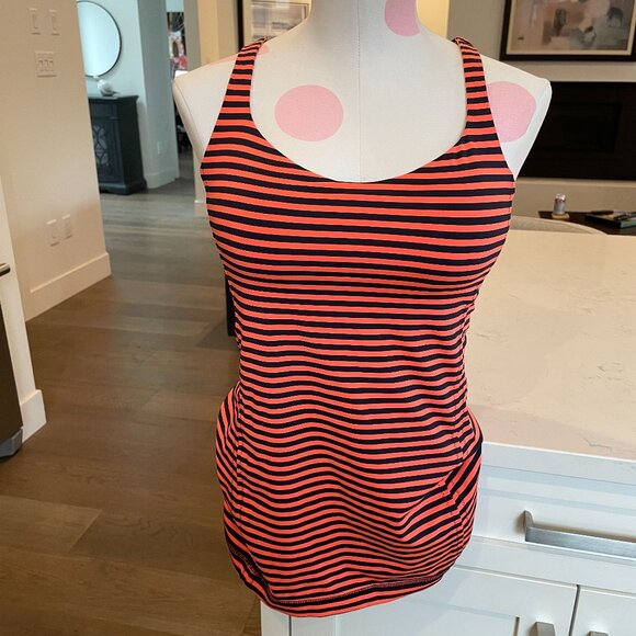 Lululemon Energy Tank Top Stripes w Built in Shelf Bra Orange & Navy Sz 8 - Picture 1 of 14